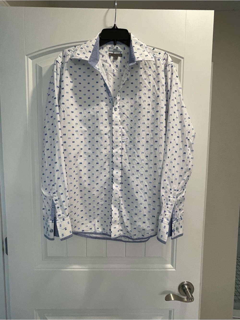 Johnston & Murphy Mens L Slim Fit White Blue Textured Cotton Button Down Shirt